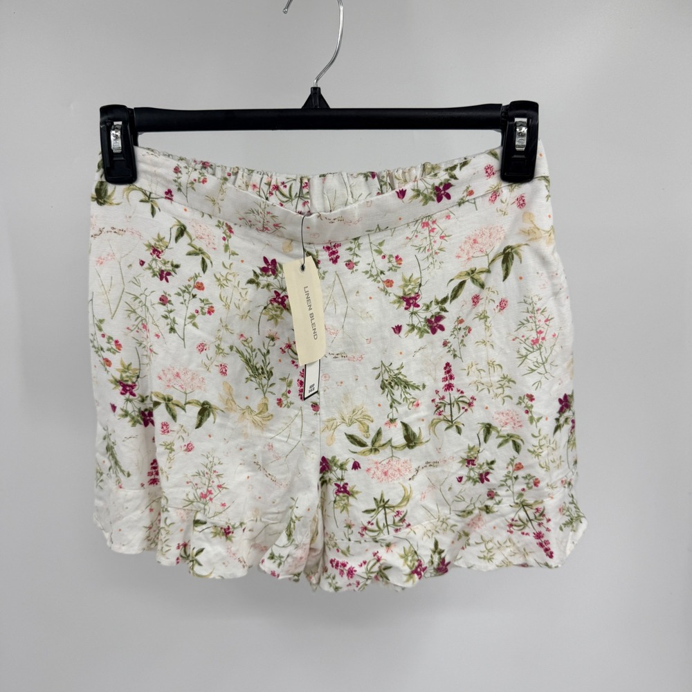 Catherine Malandrino Floral Linen Blend Ruffle Shorts White‎ Pink Feminine Cute